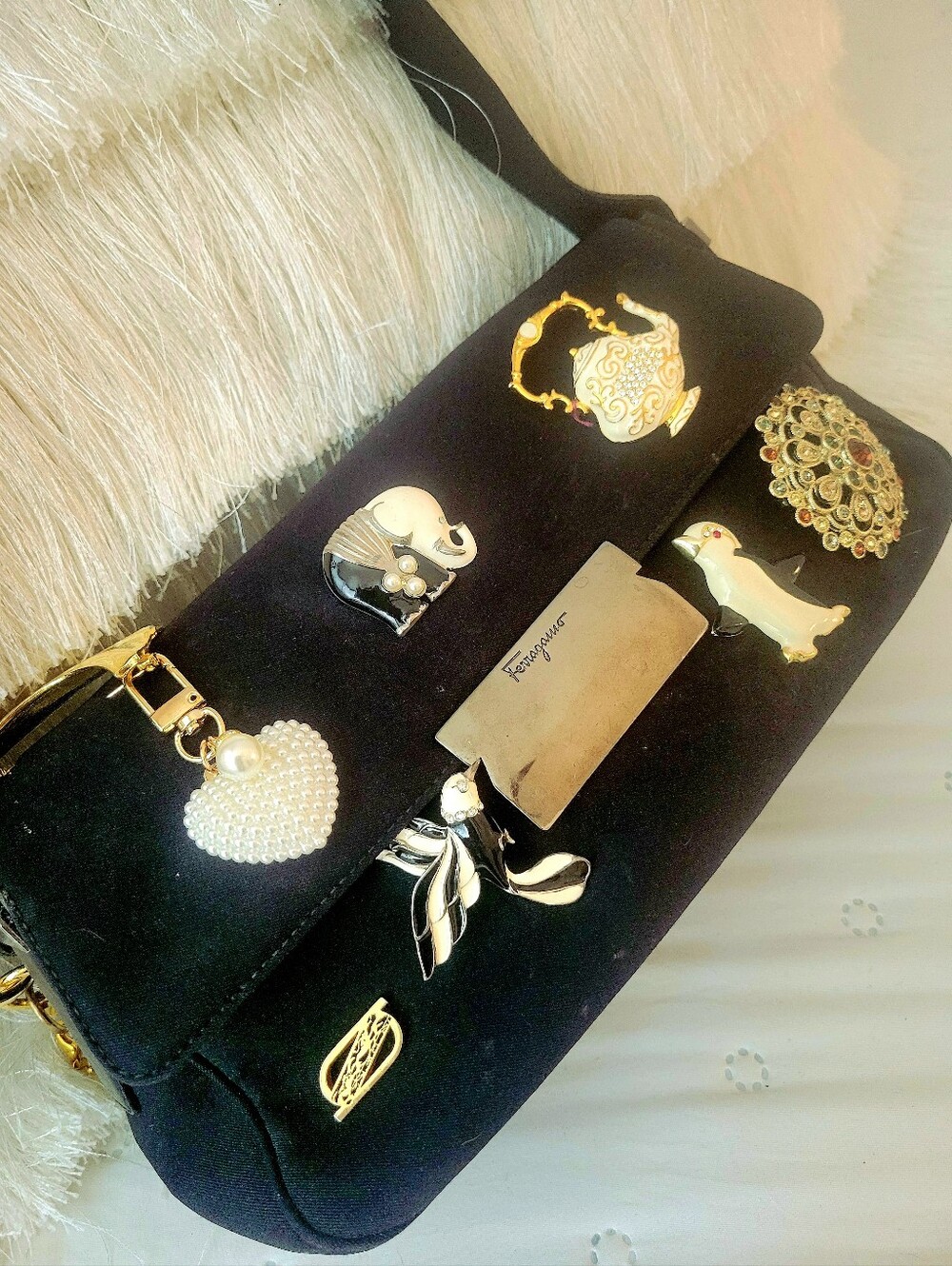 Authentic Salvatore Ferragamo Black Shoulder Bag w/ Embellished Vintage Brooches